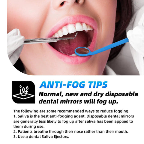 Disposable Dental Inspection Mirrors 40 Count With Anti Fog 6.3 Inch Handles Mouth Mirror For Teeth Check Oral Care Tools For Dentist Household And Home Use Four Color Set used in open mouth exam, blue mirror shown with anti-fog tips
