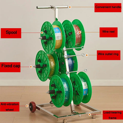 Heavy Duty Wire Spool Rack On Wheels showing green spools, stainless steel frame, convenient handle, and anti-vibration wheels.