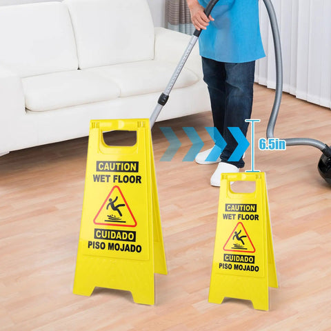 Six Pack 24 Inch Yellow Caution Wet Floor Signs Double Sided A Frame Bilingual Safety Warning Signs For Commercial Use in room.