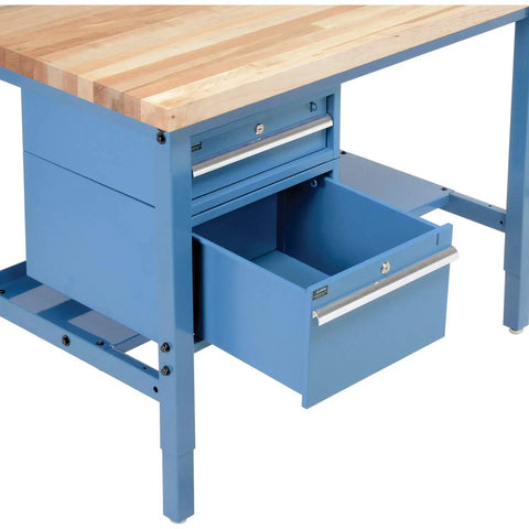 Heavy Duty 72 Inch Workbench With 30 Inch Deep Maple Top And Rugged Steel Frame showing blue cabinet drawers and maple surface.