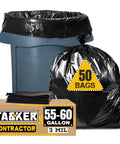 Heavy Duty 55 Gallon Contractor Trash Bags 3 Mil Thick Black Liners With Ties, 50 Bags For Construction And Industrial Use