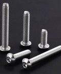 Heavy Duty 50 Pack Of 1/4-20 By 1 Inch Button Head Socket Cap Bolts Made From 304 Stainless Steel With Allen Hex Drive and various sizes displayed.