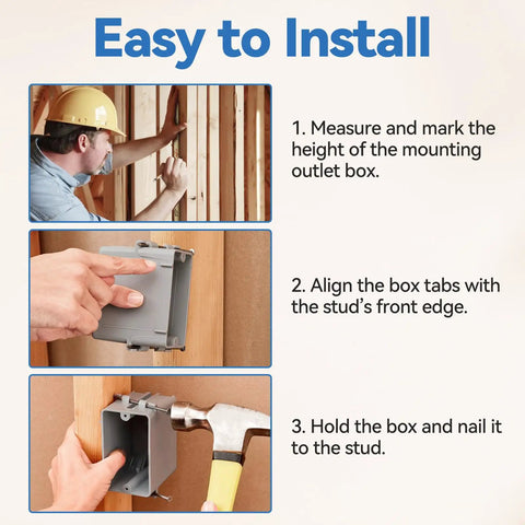 Single Gang Electrical Box For New Work 22 Cu In UL Listed Fire Rated 2 Hour Open Wall Mount 6 Pack Secure Wiring Solution For Construction Projects Today, installer marking and nailing box to stud