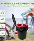Hand pouring eco-friendly absorbent gel into black portable toilet with red rim, outdoor camping scene