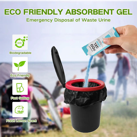 Hand pouring eco-friendly absorbent gel into black portable toilet with red rim, outdoor camping scene