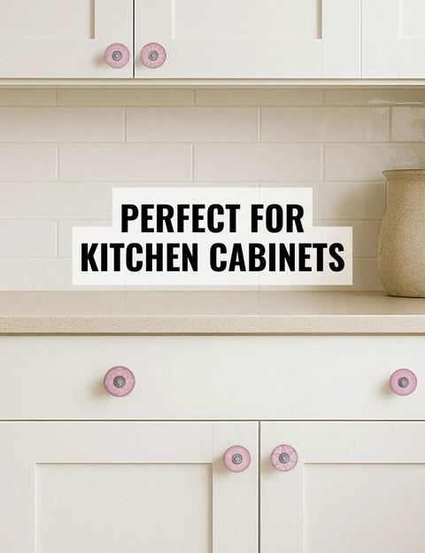 Pink Ceramic Drawer Knobs 12 Piece Set With Floral Cabinet Pulls on white kitchen cabinets, adding a stylish touch.