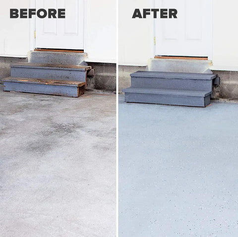 Before and after image showing Catalyzed Epoxy Garage Floor Paint Kit, Waterbased Semi Gloss Finish, 1 Gallon, Showroom Gray applied