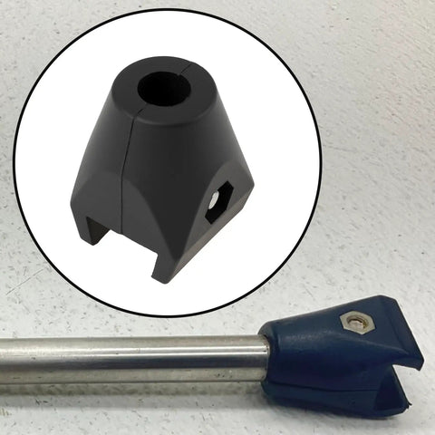 One Pack Rock Solid Conveyor Guide Rail Rod End Clamp No Sweat Swapping Fits 1/2 And 5/8 Inch Rods Compatible With Valu Guide Replaces VG-020-01 close-up view with a nylon body and rod fitting.
