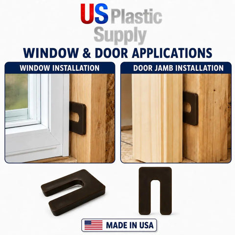Heavy Duty Square Horseshoe Plastic Flat Shims For Zero Sweat Window And Door Jambs Leveling On Construction Sites Solid Brown half inch thick used for window and door installation.