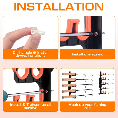 Installation steps for Dual Row Garage Fishing Rod Holder Rack For Wall Or Ceiling Mounts With Soft Protective Pads 2 Pack Holds Up To 10 Rods Keeps Your Gear Neat And Ready Easy Install Prevents Rod Clashes.