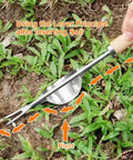 Back-Saving Garden Weeding Tool with Wood Handle and Stainless Steel Forks demonstrates leverage design in use on lawn