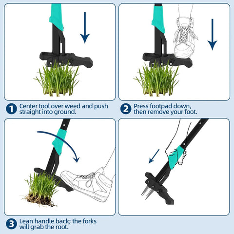 40 Inch Stand Up Weed Puller With 4 Claw Ejector Long Reach Garden Weeder For Easy Root Removal No Bending Kneeling Or Back Strain Effortless Dandelion Thistle And Crabgrass Removal, black steel claw tool with footpad removing weeds