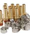 12 Pack Brass Air Hose Repair Kit Fittings 3/8 Barb to 1/4 NPT Connectors with sealant, includes 12 hose clamps
