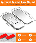 Ultra Thin Magnetic Cabinet Door Catches With 24 Strong Adhesive Strips For A Quiet No Slam Closure, shown with dimensions and red adhesive tape