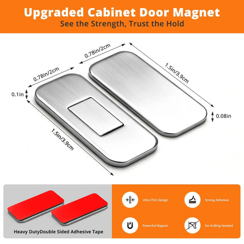Ultra Thin Magnetic Cabinet Door Catches With 24 Strong Adhesive Strips For A Quiet No Slam Closure, shown with dimensions and red adhesive tape