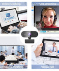 Hella Sharp 1080P Hd Webcam With Built In Mic And Flexible Stand For Pc Laptop Desktop Plug N Play Ready For Zoom Stream And Gaming Smooth Calls showcasing video call and online teaching.
