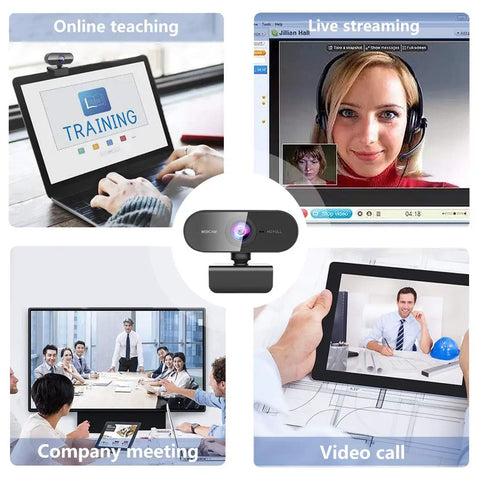 Hella Sharp 1080P Hd Webcam With Built In Mic And Flexible Stand For Pc Laptop Desktop Plug N Play Ready For Zoom Stream And Gaming Smooth Calls showcasing video call and online teaching.