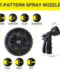 FOX EASE metal water hose 25 ft with two nozzles; front view shows black 7-pattern spray nozzle.