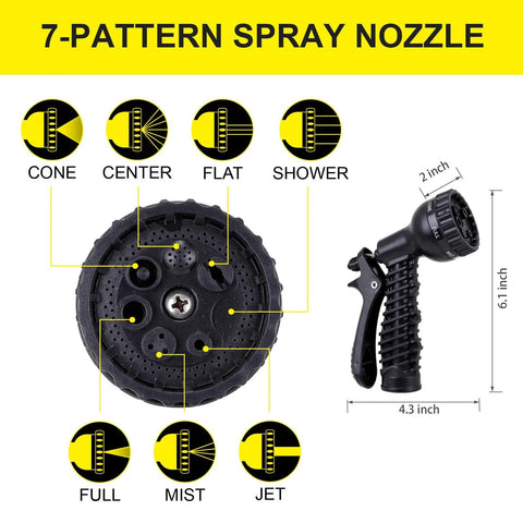FOX EASE metal water hose 25 ft with two nozzles; front view shows black 7-pattern spray nozzle.