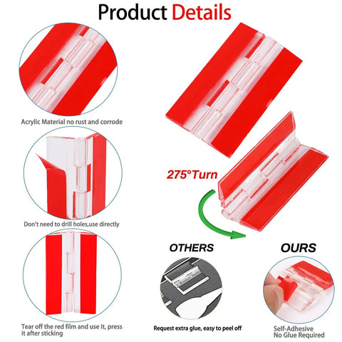 Four Pack Clear Self Adhesive Acrylic Hinges With Continuous Piano Design, No Drill Needed For Crafts Or Aquarium Lids, Super Secure Peel And Stick Fit, Rust Proof 65 By 40 Mm Hardware details and application images.