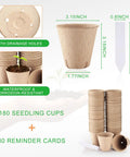 Seed Starter Kit For Indoor And Outdoor Gardening With 180 Peat Pots, 30 Plant Labels, drainage holes visible, and plant sprouting.