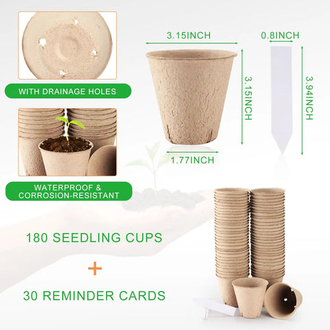 Seed Starter Kit For Indoor And Outdoor Gardening With 180 Peat Pots, 30 Plant Labels, drainage holes visible, and plant sprouting.