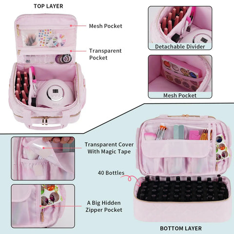 Pale pink nail polish organizer case with compartments, fits one lamp and fifty bottles, waterproof storage, leakproof side pockets.