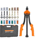 Awesome Rivnut Tool Kit with 14 Inch Length And 7 Versatile Mandrels For SAE Metric Plus 70 Assorted Rivet Nuts Including 10-24 And M6 Sizes Comes With Durable Carrying Case That Is Totally Sweet For Auto Work Or Home Projects, shown with case and mandrels