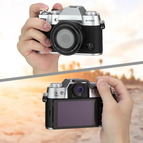 Ergonomic Black Metal Thumb Up Rest Grip For Fujifilm Xt30 Xt20 Xt10 Xt50 Xt30iii Cameras Attaches To Hot Shoe Delivering Awesome Stability For Comfy One Handed Shooting And Vibration Dampening shown on front and back of silver X-T50 camera