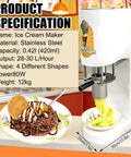 Cool Dessert Machine And Noodle Maker With 4 Stainless Steel Molds, 420Ml Hopper, 28 To 30 Liters Per Hour Capacity, showing ice cream output.