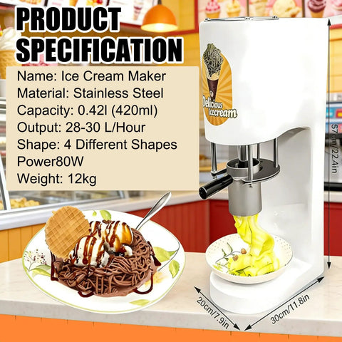 Cool Dessert Machine And Noodle Maker With 4 Stainless Steel Molds, 420Ml Hopper, 28 To 30 Liters Per Hour Capacity, showing ice cream output.