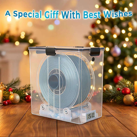 Dual Outlet Filament Storage Box With Airtight Seal, Ball Bearing Spool Holder, shown in festive holiday setting