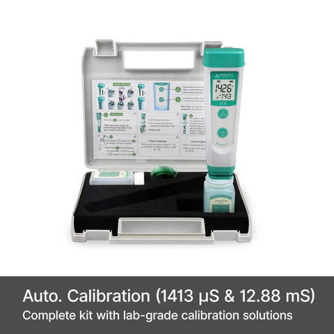 Value Series EC20 Conductivity Pocket Tester Kit With BPB Sensor Auto Calibration And Auto Temperature Compensation 0 To 20 mS Per Centimeter 1 Percent FS Large Clear LCD Compact Portable Meter For Water Quality, case open