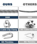 Comparison of 5MM and 3MM cables with M5 and M3 clamps and thimbles for Heavy Duty Three Sixteenth Inch Stainless Steel Wire Rope Kit.