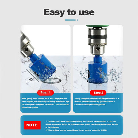 Steps to use Ten Piece Diamond Hole Saw Kit For Ceramic, Marble, Granite And Glass with Pro Grade Heavy Duty Brazed Core Bits