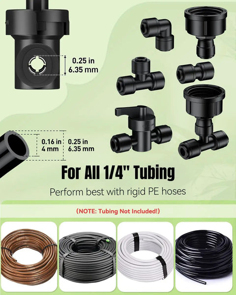 44 Piece Quick Connect Drip Irrigation Fittings Kit showing connectors and tubing compatibility