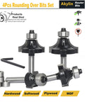 Top Shelf Four Piece Roundover And Bead Router Bit Set With One Quarter Inch Shank For Hella Smooth Woodworking Edges Multi Radius Cutting Profiles Heavy Duty Carpenter Tool Kit, close-up of bits with guide bearings.
