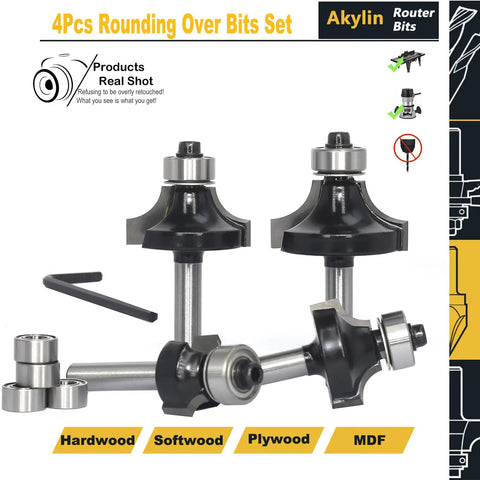 Top Shelf Four Piece Roundover And Bead Router Bit Set With One Quarter Inch Shank For Hella Smooth Woodworking Edges Multi Radius Cutting Profiles Heavy Duty Carpenter Tool Kit, close-up of bits with guide bearings.