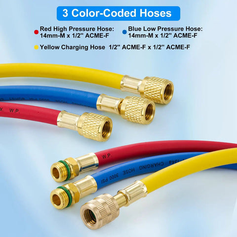 Five Foot Pro Grade AC Manifold Gauge Hose Kit For R134A Refrigerant Systems With 1/2 Inch SAE Threads And 600 PSI Rating, Three Color Charging Hoses, Flexible 60 Inch Length, Replacement For Standard AC Gauges; red, blue, yellow hoses with brass fittings