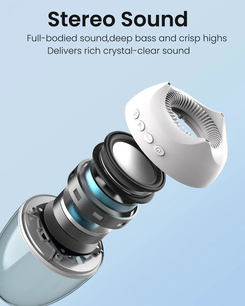 Exploded view of Night Light Bluetooth Speaker With 3D Glass Fireworks Lamp, revealing speaker components for clear stereo sound.