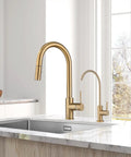 Top Shelf Champagne Bronze Kitchen Water Filter Faucet Built To Drop Right Into Most Reverse Osmosis Systems Drawing Crisp Water With Zero Stress Using Lead Free Stainless Steel And A Rock Solid Drip Free Cartridge in a modern kitchen setting.