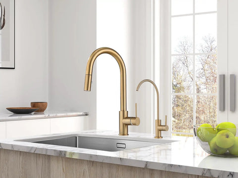 Top Shelf Champagne Bronze Kitchen Water Filter Faucet Built To Drop Right Into Most Reverse Osmosis Systems Drawing Crisp Water With Zero Stress Using Lead Free Stainless Steel And A Rock Solid Drip Free Cartridge in a modern kitchen setting.