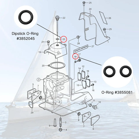 Diagram showing Dipstick And Drain Plug Seal O Ring Kit For Volvo Penta DP SX Lower Unit Gear Oil Change Compatible With OEM 3852045 3855081