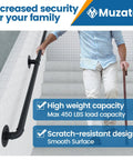 Person using 3.3ft Black Staircase Handrail Kit For Indoor Stairs Pipe Style Rail Bar Wall Mount Galvanized Steel Industrial Look 440Lbs Load Capacity Built To Last Durable Metal Rail on stairs.