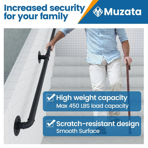 Person using 3.3ft Black Staircase Handrail Kit For Indoor Stairs Pipe Style Rail Bar Wall Mount Galvanized Steel Industrial Look 440Lbs Load Capacity Built To Last Durable Metal Rail on stairs.