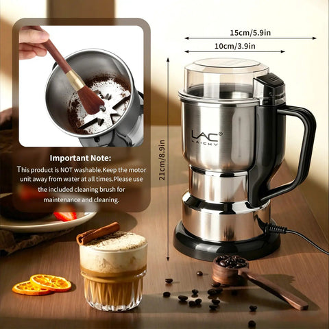 Top Shelf Electric Coffee Grinder And Spice Mill Featuring A Hella Quick 150 Watt Motor Plus Razor Sharp Stainless Steel Blades For Roasted Beans Fresh Herbs Whole Spices And Nuts Boss Cleaning Kit Included on a kitchen counter.