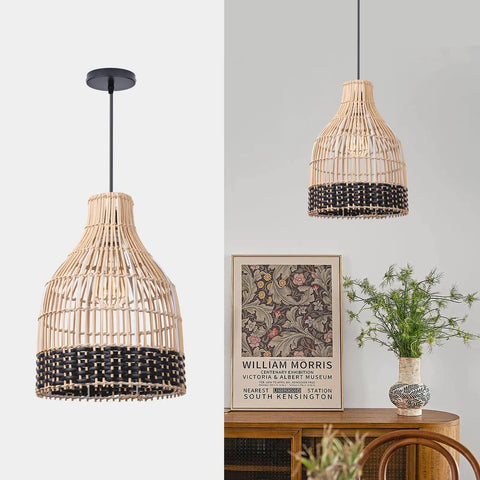 Rattan Pendant Light With Handmade Woven Lampshade, 1 Light Black Pendant For Kitchen Island, Wicker Ceiling Fixture shown