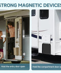 Magnetic RV Door Holder Latch Set For RV, Camper, Trailer And Boat Compartments, Stainless Steel One Handed Door Catch in use.
