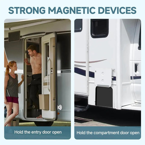 Magnetic RV Door Holder Latch Set For RV, Camper, Trailer And Boat Compartments, Stainless Steel One Handed Door Catch in use.