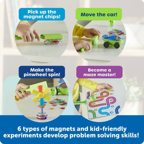Hands On STEM Magnetworks Set With 14 Magnet Experiments For Kids Ages 5 And Up featuring magnet chips, car, pinwheel, maze activities.